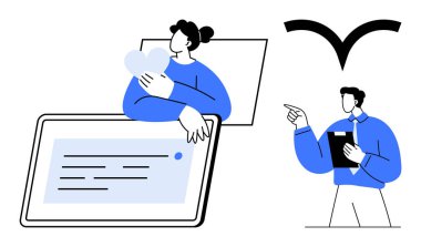 Kalbi ve açık mesajı olan bir kadın, panosu ve jesti olan bir adam. Takım çalışması, uzaktan çalışma, iletişim, geri bildirim, verimlilik, dijital ilişkiler için ideal. Düz basit metafor