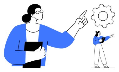 Elinde dosya tutan kadın dikkatleri mekanik ekipmanlara yöneltiyor. Takım çalışması, strateji, liderlik, iş akışı, sistem yönetimi, işbirliği, basit iniş sayfası için ideal