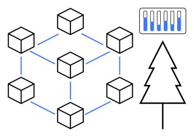 Birbirine bağlı küpler blok zinciri oluşturuyor, sürdürülebilirliği sembolize eden ağaç ve veri çubuğu grafiği. Teknoloji, yenilik, çevre, engelleme zinciri, analitik, yeşil teknoloji sade iniş sayfası için ideal