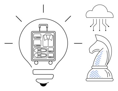 İçinde bavul olan ampul seyahat organizasyonunu simgeler. Strateji için bir satranç şövalyesi ve dijital yenilik öneren bir bulut da katılır. Seyahat, strateji, yenilik, organizasyon için ideal
