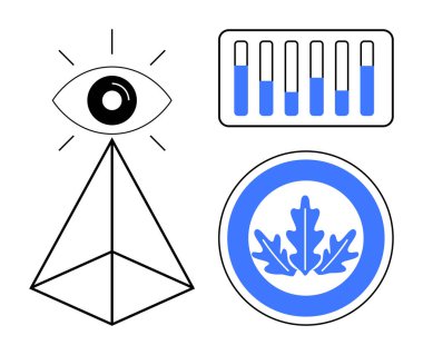Göz ile Geometrik piramit, askıda test tüpleri, ve meşe yaprağı sembolü fütüristik, analitik ve doğal temaları birleştiren bir daire. Bilim, araştırma, teknoloji, yenilik vizyonu için ideal