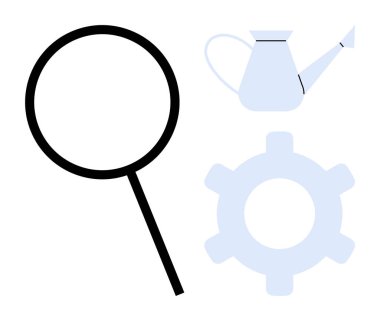 Keşif için büyüteç, büyüme için su kabı, işlem için dişli. Araştırma, üretkenlik, yenilik, problem çözme, sürdürülebilirlik stratejisi takım çalışması için idealdir. Düz basit metafor