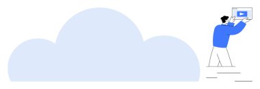 Bulut şekliyle etkileşime girerken elinde dijital bir cihaz tutan adam. Veri depolama, bulut hesaplama, çevrimiçi erişim, dosya paylaşımı, teknoloji, iletişim, basit iniş sayfası için ideal