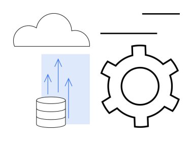 Bulut, veritabanı, veri göndermeyi veya senkronize etmeyi vurgulayan oklar ve sistem süreçlerini sembolize eden teçhizat. Teknoloji, veri depolama, bütünleşme, bulut hesaplama, bilişim çözümleri veri yönetimi için idealdir