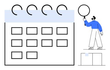 Kalın tarih çizelgesine sahip büyük bir takvim, platformda elinde büyüteçle duran biri. Üretkenlik, organizasyon, zaman yönetimi, planlama, takım çalışması, programlar için ideal, basit