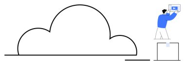 Dizüstü bilgisayarı büyük soyut bulut tasarımına aktaran kişi. Teknoloji, iletişim, bulut hesaplama, veri yönetimi, dijital depolama, takım çalışması, basit iniş sayfası için ideal