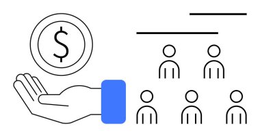 Hiyerarşide örgütlenmiş bir grup insanın yanında el ele tutuşan para. Yönetim, liderlik, takım çalışması, finans, kitle fonlaması, yatırım, kamu binası için ideal. Düz basit metafor