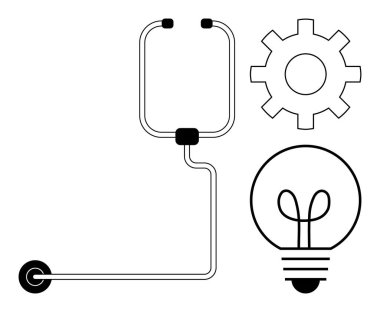 Steteskop dişlilere ve ampullere bağlı, sağlık, teknoloji ve yaratıcılığı sembolize ediyor. Tıbbi araştırma, yenilik, problem çözme, teknoloji, tanı, beyin fırtınası için ideal