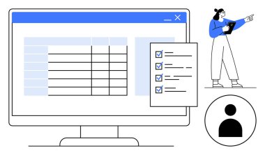 Kontrol listesi ve tablosu olan büyük bilgisayar ekranı, pano işaretli kişi, siluet avatarı. Takım çalışması, görev takibi, proje planlaması, veri örgütü, üretkenlik araçları, dijital