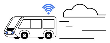 Yukarıda mavi kablosuz sinyali olan modern otobüs, dinamik bir bulut sembolüne bağlı, akıllı toplu taşımayı, bağlantıyı, dijital hizmetleri ve sürdürülebilir hareketliliği temsil ediyor. Teknoloji için ideal