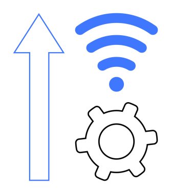 Yukarı ok, kablosuz sinyal ve gelişimi, teknolojiyi, büyümeyi ve optimizasyonu sembolize eden teçhizat. Geliştirme, yenilik, iletişim mühendisliği internet stratejisi için idealdir.