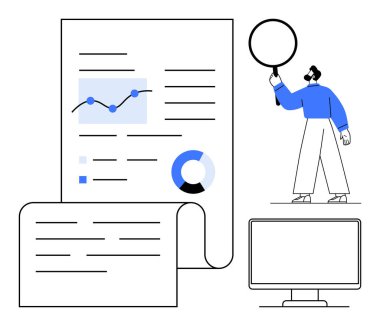 Analiz kağıdını büyüteçle inceleyen kişi grafikler, çizelgeler ve bilgisayar monitörleri. Araştırma, iş, strateji, veri analizi, kurumsal eğitim sade iniş için ideal