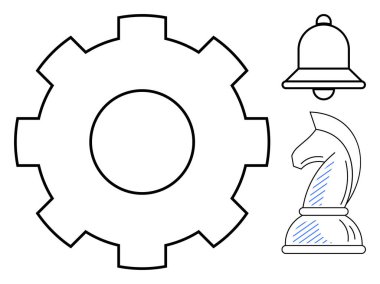 Üretkenlik için vites, strateji için şövalye satranç taşı ve uyarı ve uyarı için zil. Konseptler için ideal yönetim, planlama, karar verme, organizasyon ve odaklanma. Düz basit