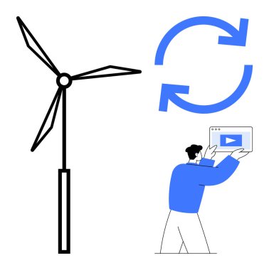 Rüzgar türbini, geri dönüşümlü oklar çevre dostu çözümleri simgeliyor ve bir adam oyun düğmeli bir tablet sergiliyor. Sürdürülebilirlik, yenilenebilir enerji, teknoloji, ekolojik farkındalık, ekoloji, yeşil