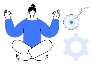 Oturarak meditasyon yapan kişi, dartla hedef, odaklanmayı, hedefleri, iş akışını sembolize eden teçhizat. Farkındalık, üretkenlik, kişisel büyüme, odaklanma ve kişisel bakım için ideal