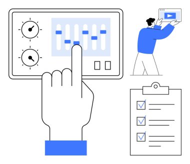 Pürüzsüz bir arayüzde el kontrol kaydırıcıları video oynatma ekranı tutan bir adam ve tamamlanmış bir kontrol listesi. Üretkenlik, iş akışı yönetimi, hedefler, takım koordinasyonu, dijital