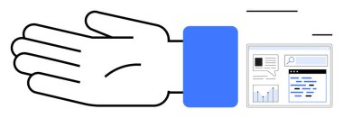 Bir arama çubuğu, grafikler ve metni temsil eden dijital bir arayüze doğru uzanan bir el. Teknoloji, yenilik, analiz, arama, etkileşim, iş sade iniş için ideal