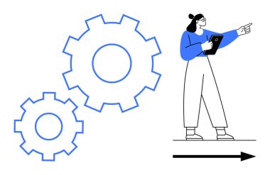 Tablet tutan kadın büyük mavi dişliler ve siyah okun yakınını işaret ediyor. Takım çalışması, iş akışı, liderlik, mühendislik, planlama, yenilik ve basit iniş sayfası için ideal