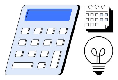 Mavi ekranlı hesap makinesi, basit takvim ve finans, zamanlama ve yaratıcılığı gösteren ana hatlı ampul. Zaman yönetimi, üretkenlik, planlama, bütçe yeniliği için ideal