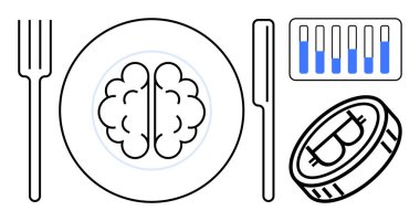 Çatal ve bıçaklı bir tabakta, Bitcoin ve analitik bar tablosunun yanında beyin. Yaratıcılık, yenilik, eğitim, teknoloji, finans, kripto para birimi için ideal, basit iniş sayfası