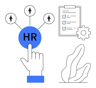 İşçilere, kontrol listesine, teçhizata ve izne bağlı insan kaynakları simgesi seçiliyor. İnsan kaynakları, askere alma, takım çalışması, iş akışı, personel yönetimi karar verme sayfası için ideal