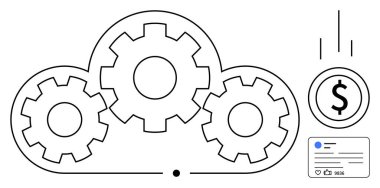 Birbirine bağlı vitesli bulut, maddi başarıyı gösteren bozuk para ve arayüz kartı. Teknoloji, yenilik, bulut yönetimi, otomasyon, finans, iş akışları için ideal