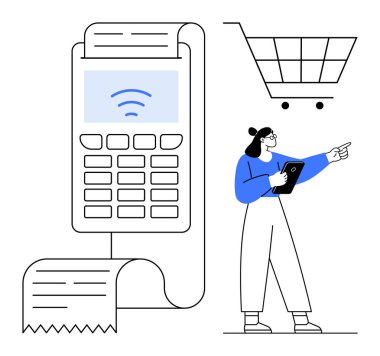 Kablosuz ödeme terminali fatura rulosu, alışveriş arabası ve elinde tablet olan bir kadın. E-ticaret, ödeme hizmeti, perakende, alışveriş, satış noktası, teknoloji sade iniş sayfası için ideal