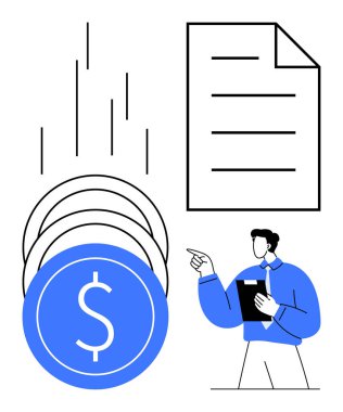 Dolar sembollü sikkeler, yukarı doğru grafikler ve pano tutan kişi. İş stratejisi, finans, ekonomik büyüme, tasarruf, araştırma planlayan yatırımlar için ideal. Düz basit metafor