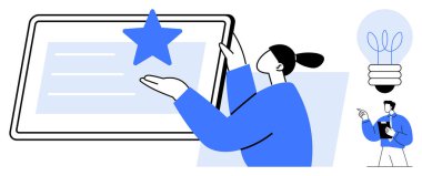 Bir yıldızın yer aldığı tabletle bireysel etkileşim, başarıyı temsil eder. Ampul yaratıcılığı ve fikirleri simgeler. İki figür planlama ve takım çalışması öneriyor. Yenilik için ideal, başarı, amaç