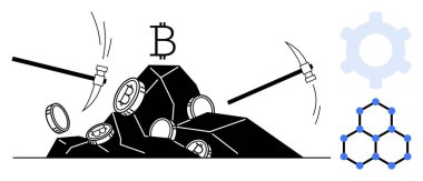Kazmalar kayalardan kripto para, Bitcoin logosu, vites ve blok zinciri simgesi çıkarıyorlar. Teknoloji, finans, kripto madenciliği, blok zinciri, yenilik ekonomisi dijital dönüşüm için ideal
