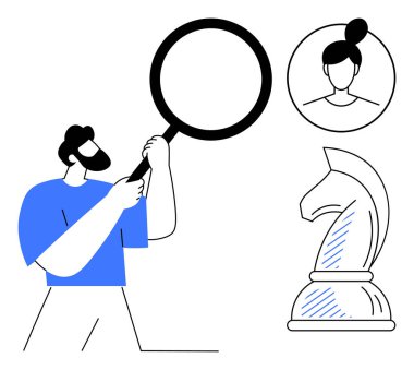 Adamın elinde bir profil ikonu ve satranç şövalyesini analiz eden bir büyüteç var. Stratejiyi sembolize ediyor. Karar verme, işe alma, liderlik, problem çözme, planlama ve odaklanma. Benzersiz bir daire için ideal