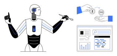 Yapay zeka robotu içerik oluştururken dijital araçlarla etkileşime girer. Döviz kurları ve web arayüzleri teknolojiyi, verimliliği ve gelecekteki gelişmeyi vurguluyor. Yapay zeka, otomasyon, fintech, edtech için ideal