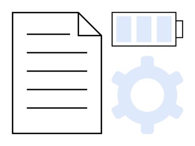 Kağıt belge, pil sembolü ve üretkenliği temsil eden teçhizat, iş akışı, enerji, optimizasyon, planlama, yönetim. İş teknolojisi verimlilik ofisi görevleri için ideal proje sistemi düzlüğü