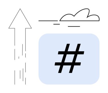 Büyümeyi simgeleyen yukarı ok, dijital trendler için mavi karede meta veri etiketi sembolü ve basit bulut ögesi. Teknoloji, iş dünyası, sosyal medya, strateji, büyüme, pazarlama için ideal