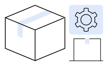 Karton kutu ve dişli ikonu teslimatı, otomasyonu, lojistiği, iş akışını, e-ticareti, tedarik zincirini ve organizasyonu sembolize ediyor. Teknoloji, nakliye otomasyon uygulamaları ve basit hizmetler için ideal