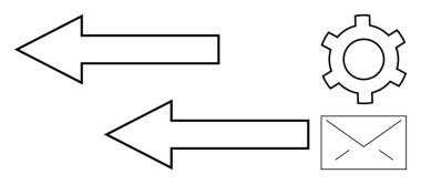 Zıt yönlere bakan iki büyük ok bir dişli ve bir zarf sembolü ile yan yana. Çalışma akışı, e-posta, iletişim, süreç yönetimi, takım çalışması, otomasyon ve basit iniş sayfası için ideal