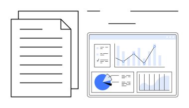 Veri tabloları ve grafikleri yanında bir belge ile ekranda. Analiz, veri yönetimi, raporlama, iş stratejisi, belgeler, verimlilik, basit iniş sayfası için ideal