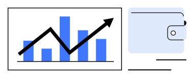 Dijital bir cüzdan ikonunun yanında yükselen oklar, finansal planlama öneren bir kar artışını gösteriyor. Finans, yatırım, tasarruf, bütçe, analitik, bankacılık ve ekonomi için ideal