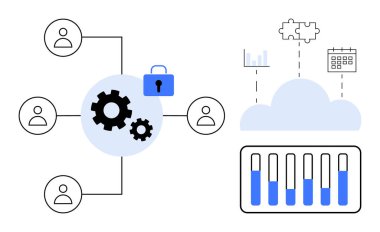 Vites, bulut depolama, kilit sembolü, ağ hatları, bar şeması ve bulmaca parçaları veri entegrasyonu, güvenlik, analiz ve işbirliği tasvir ediyor. Takım çalışması üretkenlik süreci için ideal bilişim bulutu