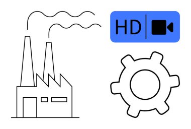 Duman yayan fabrika, işlem otomasyonunu sembolize eden teçhizat ve dijital dönüşümü temsil eden HD video ikonu. Üretim, otomasyon, teknoloji, endüstri, yenilik ve medya için ideal