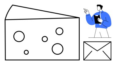 Delikli büyük peynir parçası, elinde pano tutan adam, zarf. İletişim, analiz, strateji, geribildirim, gıda endüstrisi, problem çözme kavramsal soyut düz düz