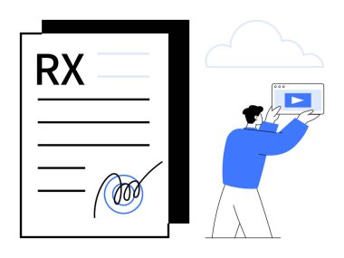 Videolu web arayüzü tutan kişinin yanında imzalı reçete kağıdı. Sağlık, teletıp, dijital dönüşüm, e-öğrenme, teknoloji, eğitim, basit iniş sayfası için ideal