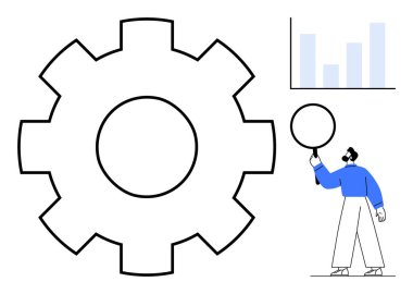 Asgari bar çizelgesinin yanında büyük vites sembolü, yansıtıcı bir konuşma balonu tutan kişi. Yenilik, planlama, takım çalışması, beyin fırtınası, strateji, otomasyon, basit iniş sayfası için ideal