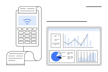 Ödeme terminali işleme makbuzu, çizelge ve verilerle birlikte bir de mali konsol. Fintech, ödeme sistemleri, analitik, iş raporları, e-ticaret, bütçe ve basit bir iniş için ideal