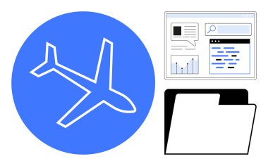 Seyahat, veri yönetimi, küresel bağlantı, organizasyon, analiz ve lojistiği sembolize eden bir dijital arayüz ve klasörün yanında mavi daireli uçak ikonu. Seyahat uygulamaları ve iş için ideal.