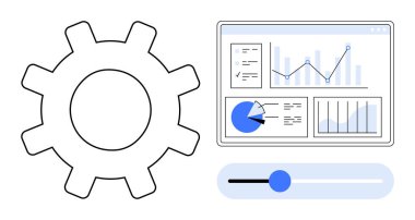 Vites sembolü, etkileşimli kaydırıcı ve çizelgeli analitik gösterge paneli. Veri analizi, optimizasyon, teknoloji, kişiselleştirme, sistem ayarları, iş stratejisi basit iniş sayfası için ideal