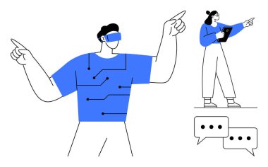 VR kulaklık takan kişi sanal olarak etkileşimde, diğeri iletişim için tablet kullanıyor. Teknoloji, takım çalışması, yenilik, eğitim, ARVR, kullanıcı arayüzü, basit iniş sayfası için ideal