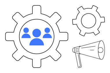 Mavi kullanıcı grubu başka bir dişli ve megafonla birlikte bir dişlinin içinde. Takım çalışması, işbirliği, iletişim, proje yönetimi, organizasyon, pazarlama, teknik süreçler için ideal