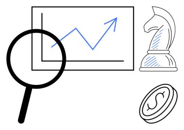 Büyüme grafiğinin üstündeki büyüteç, satranç taşı stratejiyi simgeliyor, ve finans için para. İş, büyüme, yatırım, liderlik, ekonomi araştırmaları ve karar verme süreci için idealdir. Düz basit
