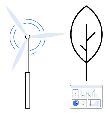 Hareket çizgileri olan rüzgar türbini, sürdürülebilirliği sembolize eden yaprak ve çizelgeli analitik gösterge paneli. Temiz enerji, sürdürülebilirlik, çevre dostu tasarım, yeşil enerji ve çevre için ideal